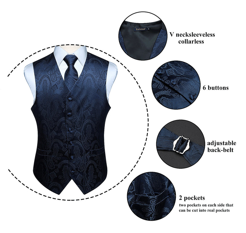 Paisley Vest Tie Handkerchief Set - Navy Blue