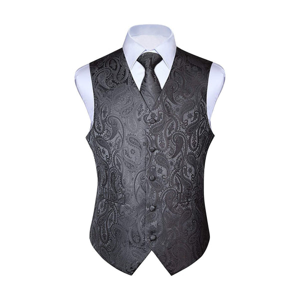 Paisley Suit Vest Tie Handkerchief Set - GREY-1