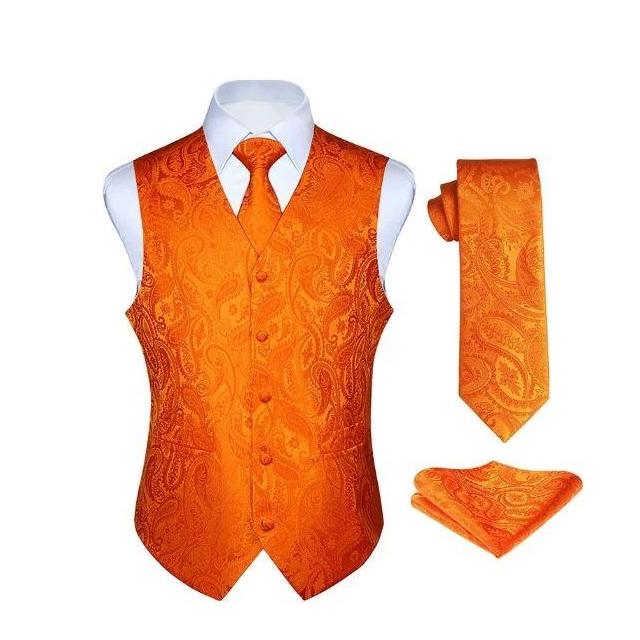 Paisley Vest Tie Handkerchief Set - ORANGE