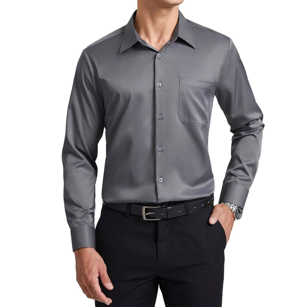 dark grey mens dress shirt Men's Dark Grey Long Sleeve Button-Up Shirt – PEP Online main image 0