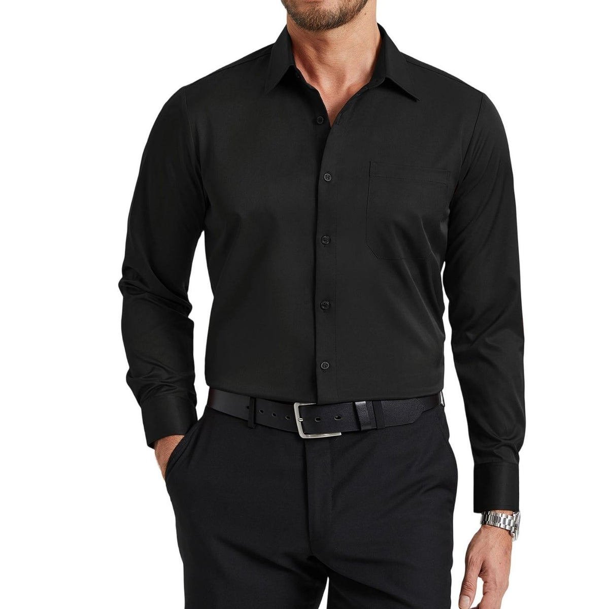 Men's Dress Shirt Long Sleeve 4-Way Stretch Wrinkle Free Black Formal Shirt 4XL