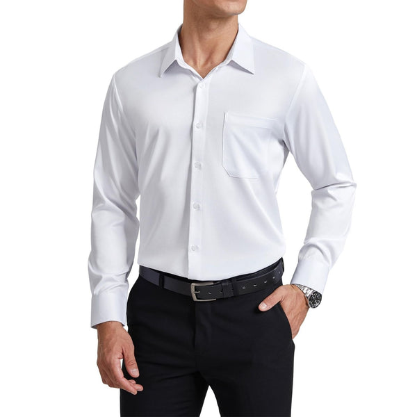 Men's Non-Iron Dress Shirt Long Sleeve 4-Way Stretch Wrinkle Free White Formal Shirt