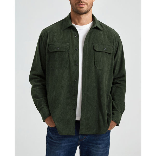 Men's Corduroy Jacket Classic Army Green Casual Shirt with Flap Pockets