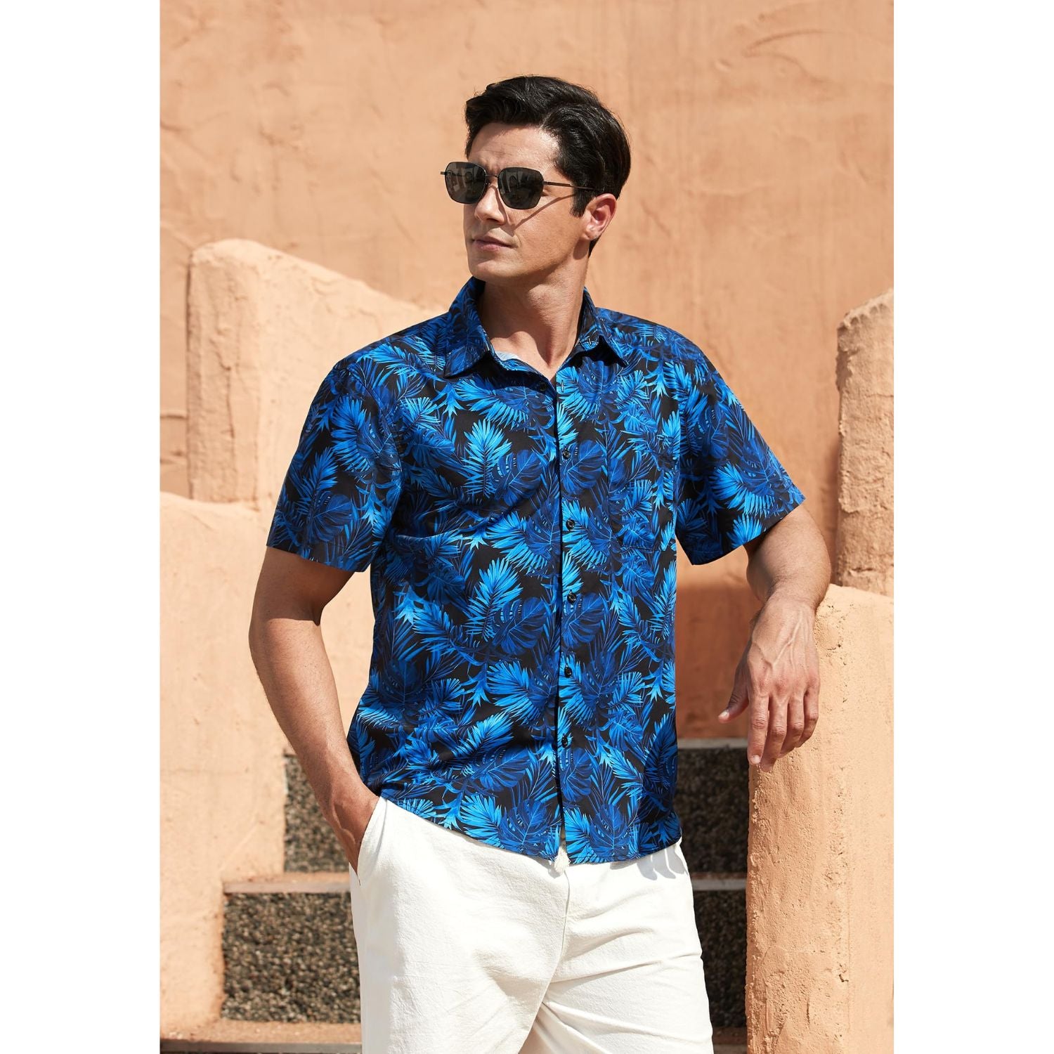 Hisdern Navy Blue Vintage Palm Tree Hawaiian Wedding Shirt