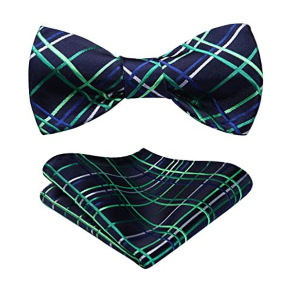 Plaid Bow Tie & Pocket Square - GREEN/BLUE
