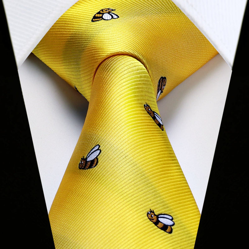 Cute Bee Print Men's Necktie & Handkerchief Set - YELLOW