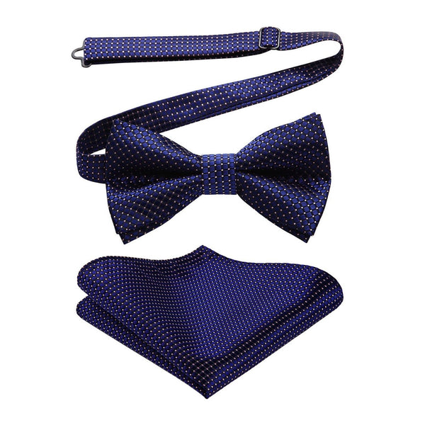 Plaid Pre-Tied Bow Tie & Pocket Square - 17-NAVY BLUE