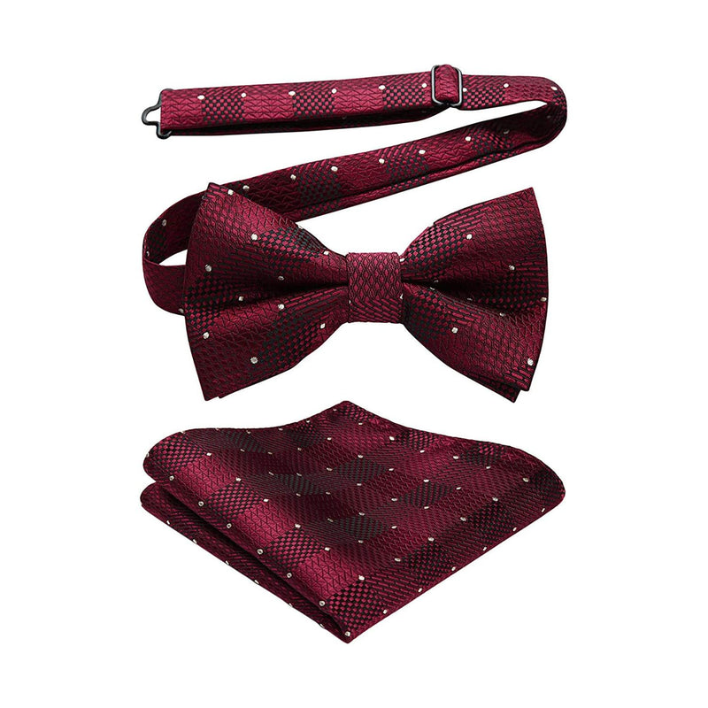 Plaid Pre-Tied Bow Tie & Pocket Square - 3-BURGUNDY / WHITE