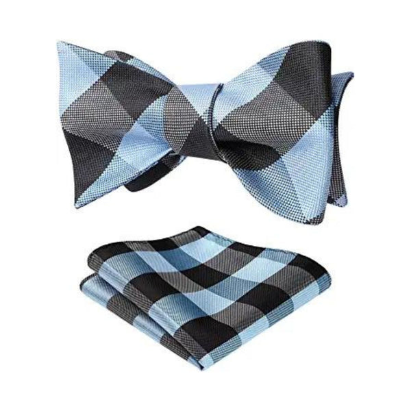 Plaid Bow Tie & Pocket Square Sets - E-GRAY/BLUE