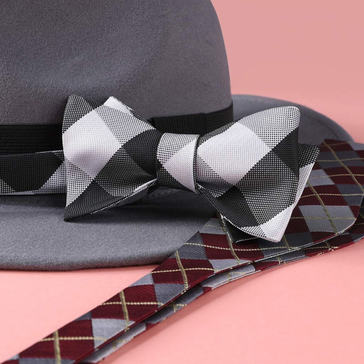 Plaid Bow Tie & Pocket Square Sets - E-BLACK/WHITE