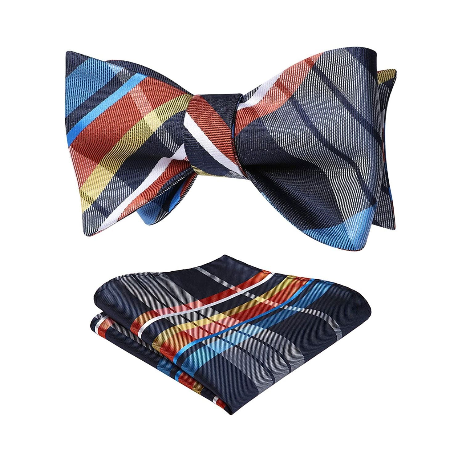 Plaid Bow Tie & Pocket Square - BLUE/ORANGE/GREY