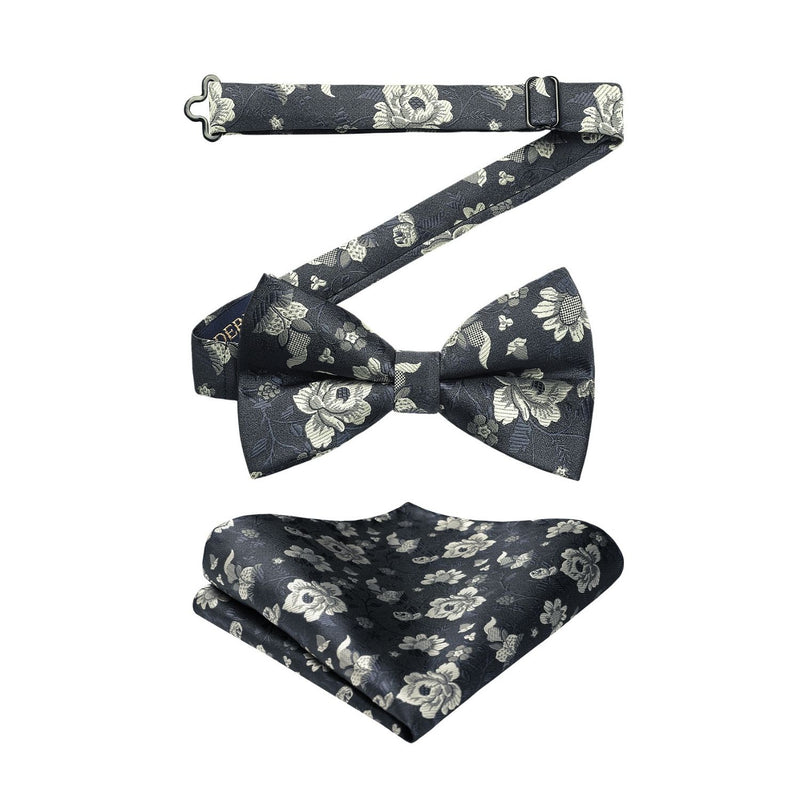 Floral Pre-Tied Bow Tie & Pocket Square - NAVY BLUE