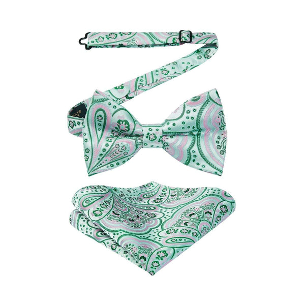 Paisley Pre-Tied Bow Tie & Pocket Square - PINK/GREEN