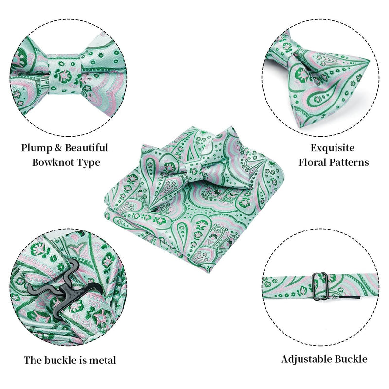 Paisley Pre-Tied Bow Tie & Pocket Square - PINK/GREEN