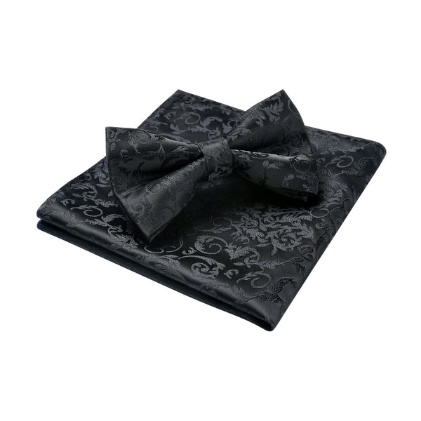 Floral Pre-Tied Bow Tie & Pocket Square - D15-BLACK