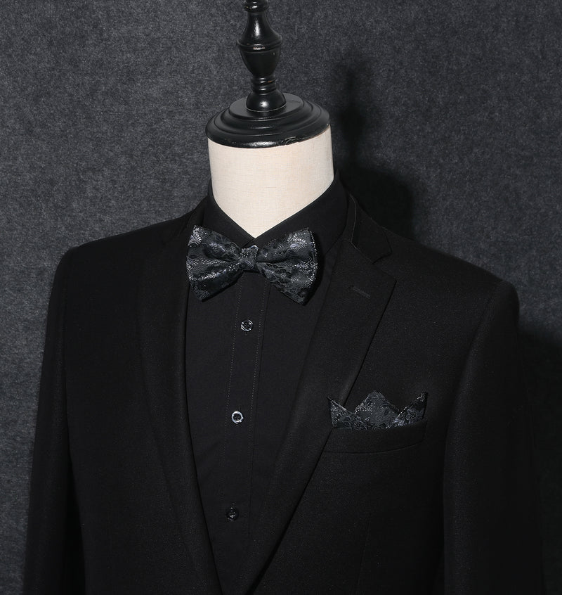 Floral Pre-Tied Bow Tie Handkerchief Cufflinks - BLACK FLORAL 