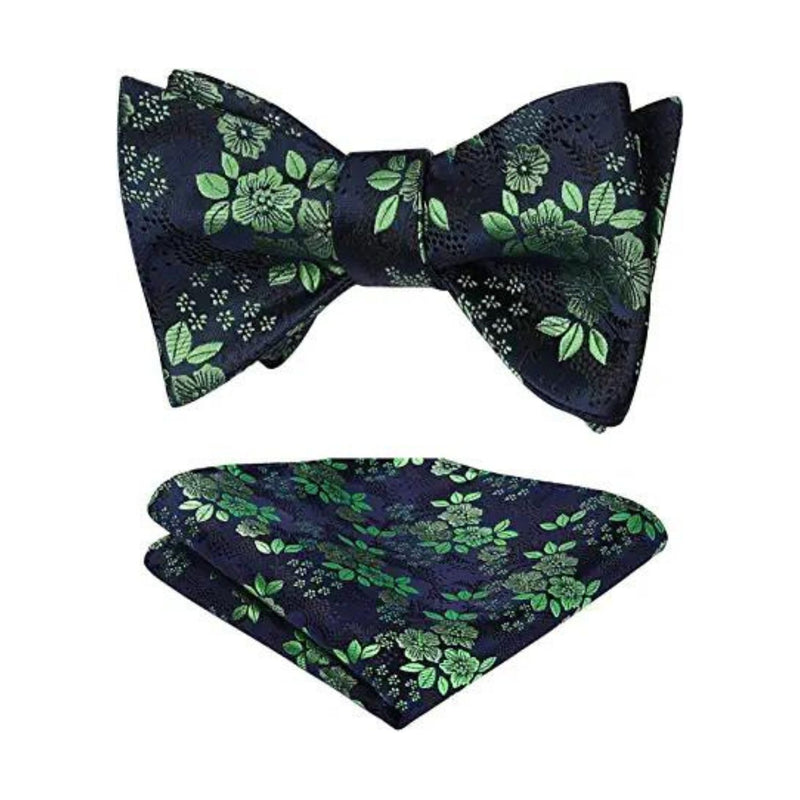 Floral Bow Tie & Pocket Square - A-GREEN/NAVY BLUE