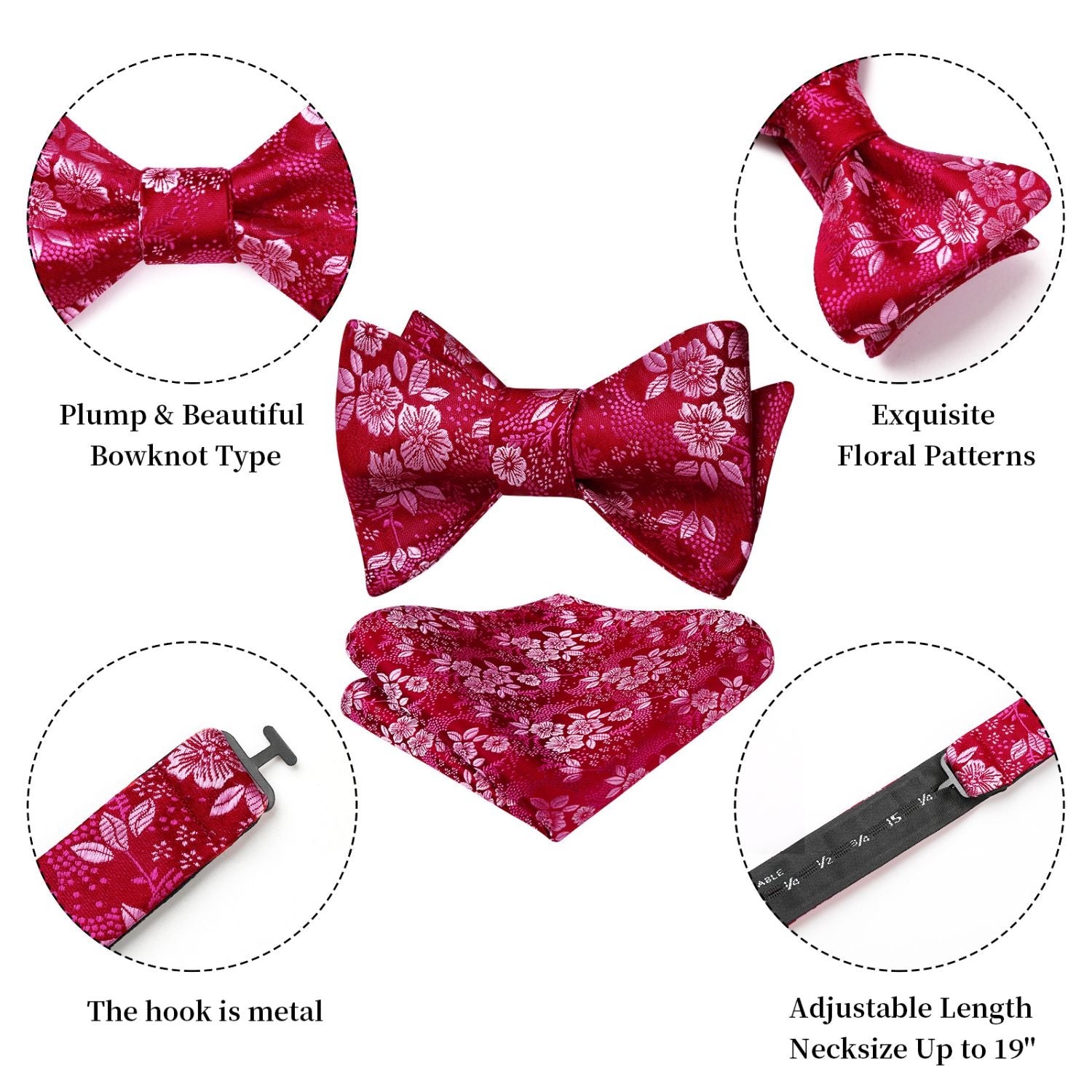 Floral Bow Tie & Pocket Square - C-011 HOT PINK