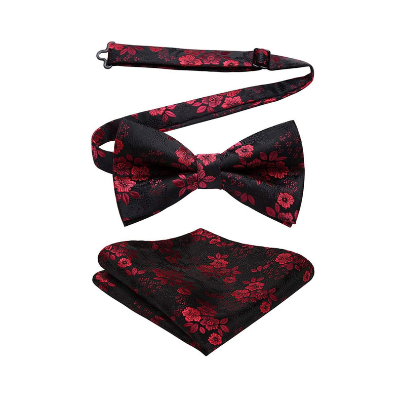 Paisley Pre-Tied Bow Tie & Pocket Square - BLACK/RED