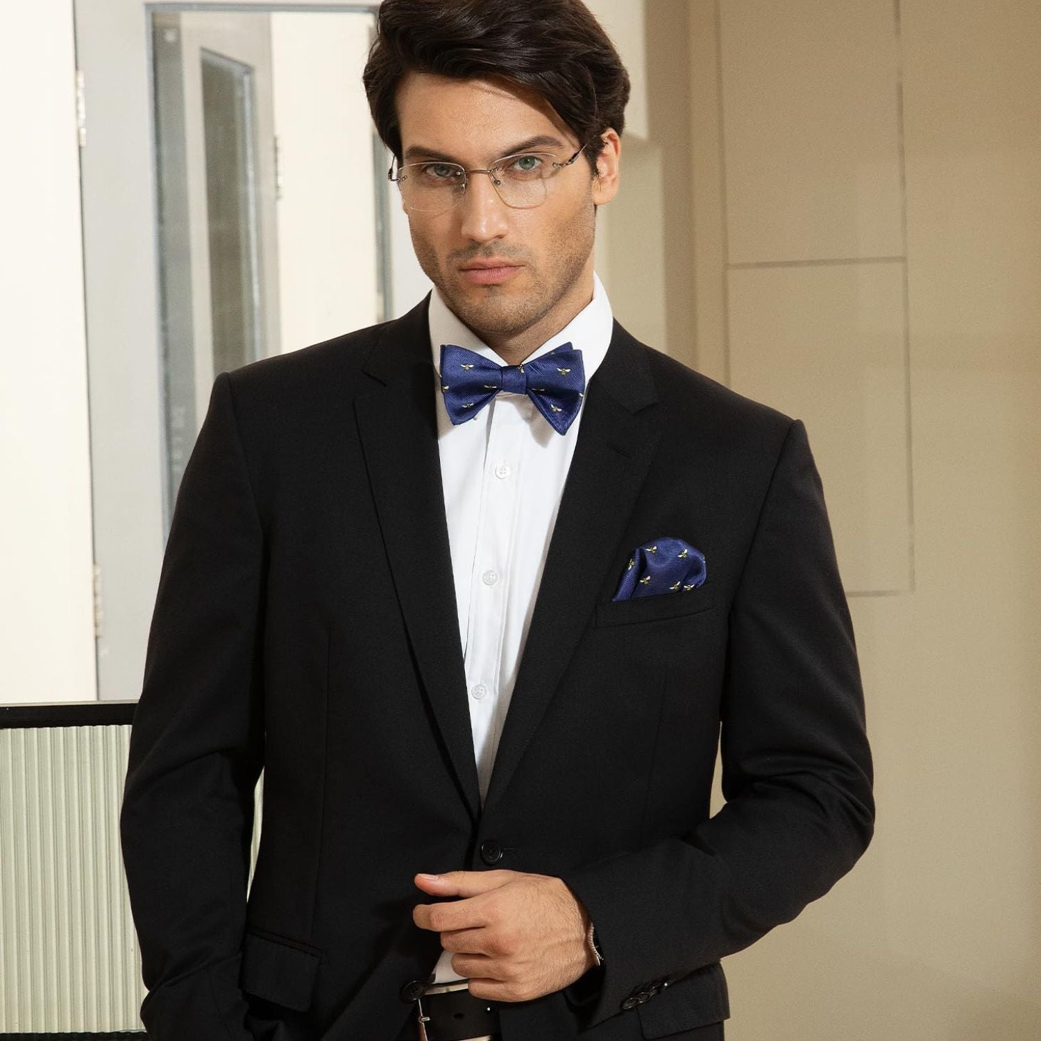 Bee Bow Tie & Pocket Square - NAVY/BLUE