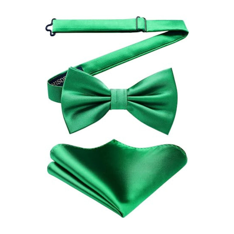 Solid Pre-Tied Bow Tie & Pocket Square - G-BRIGHT GREEN