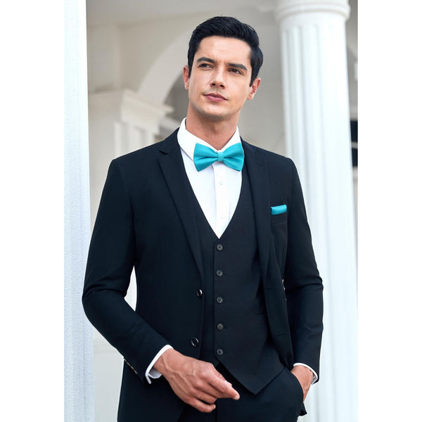 Hisdern Teal Solid Pre-Tied Bow Tie Accessories Set For Evening Wear