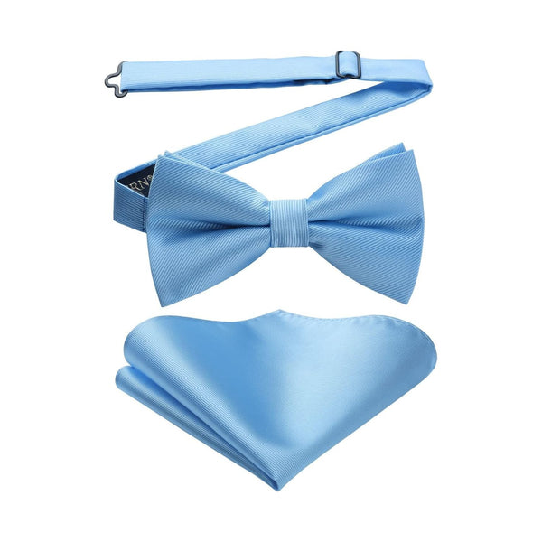 Solid Pre-Tied Bow Tie & Pocket Square - 03-BLUE