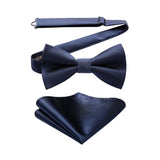 Solid Pre-Tied Bow Tie & Pocket Square - V-NAVY BLUE 1