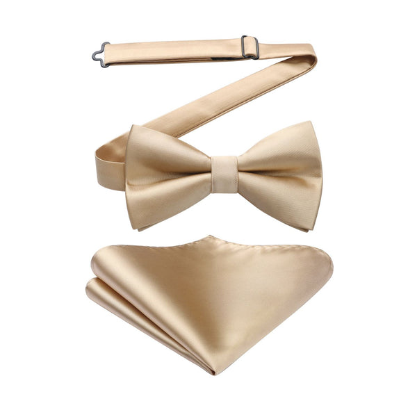 Solid Pre-Tied Bow Tie & Pocket Square - A-CHAMPAGNE 3