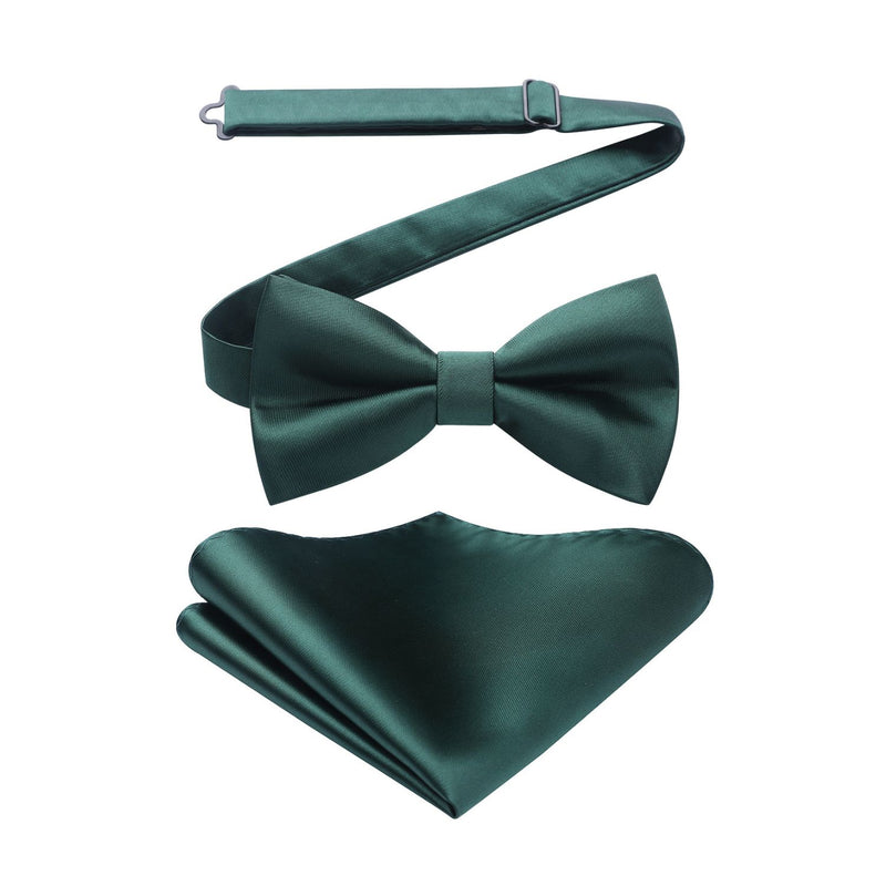 Solid Pre-Tied Bow Tie & Pocket Square - G-DARK GREEN