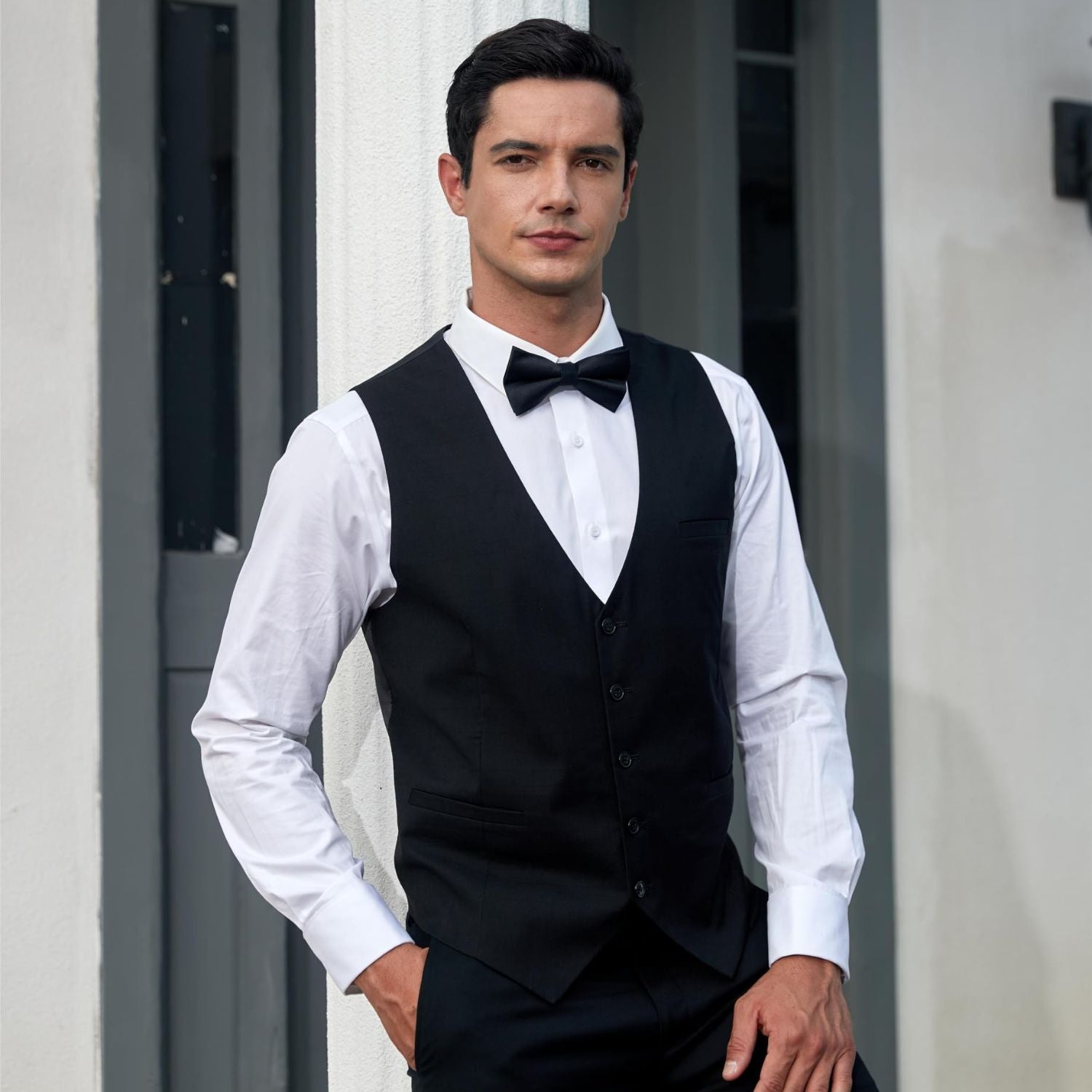 Solid Pre-Tied Bow Tie & Pocket Square - L-BLACK 1