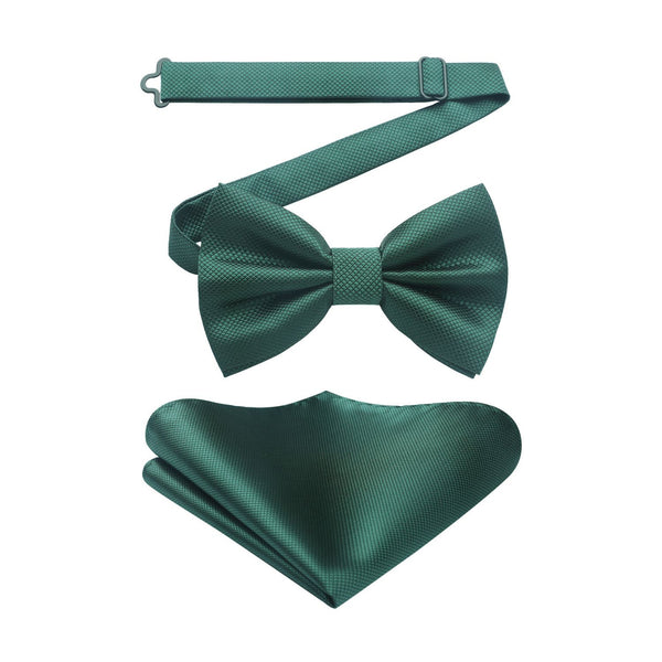 Solid Pre-Tied Bow Tie & Pocket Square - G-EMERALD GREEN