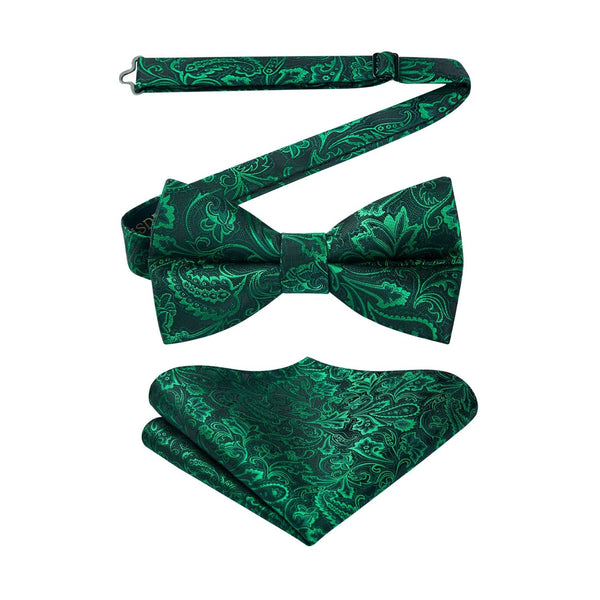 Paisley Pre-Tied Bow Tie & Pocket Square - GREEN-03