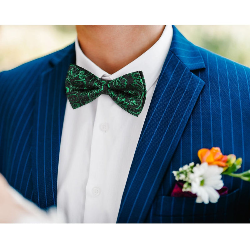 Paisley Pre-Tied Bow Tie & Pocket Square - GREEN-03