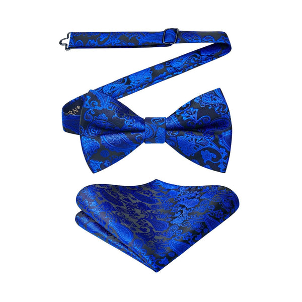 Paisley Pre-Tied Bow Tie & Pocket Square - ROYAL BLUE-12