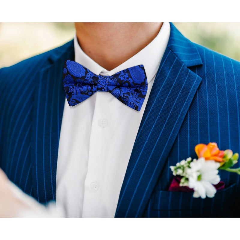 Paisley Pre-Tied Bow Tie & Pocket Square - ROYAL BLUE-12