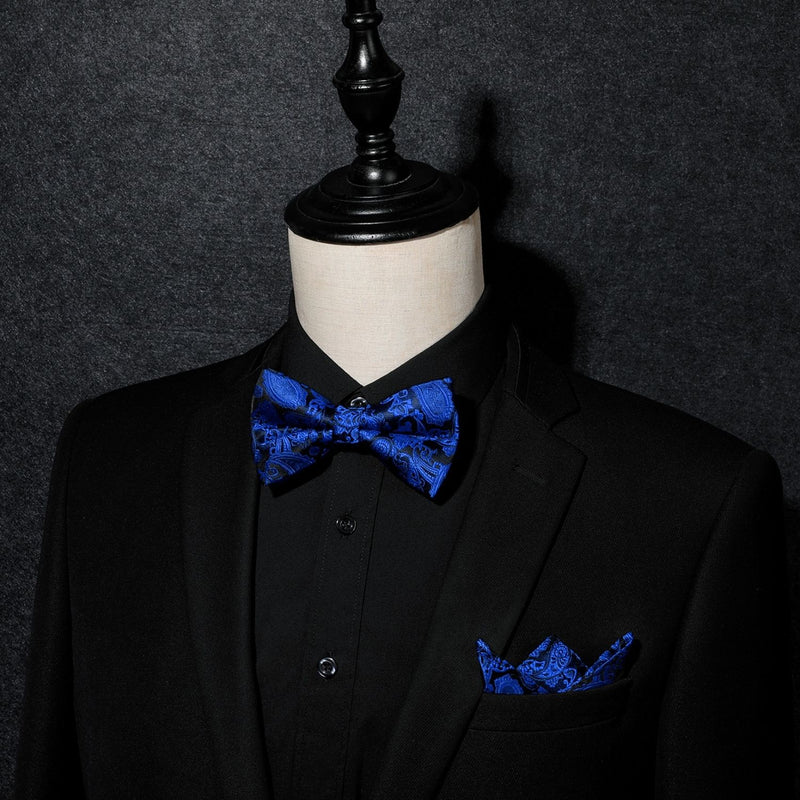 Paisley Pre-Tied Bow Tie & Pocket Square - ROYAL BLUE-12