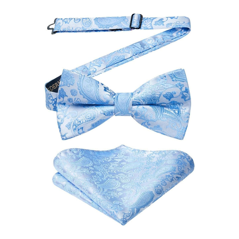 Paisley Pre-Tied Bow Tie & Pocket Square - SKY BLUE-12