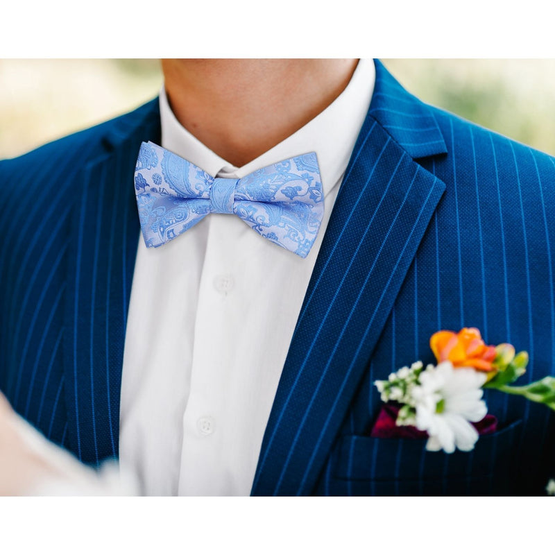 Paisley Pre-Tied Bow Tie & Pocket Square - SKY BLUE-12