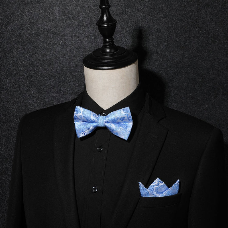 Paisley Pre-Tied Bow Tie & Pocket Square - SKY BLUE-12