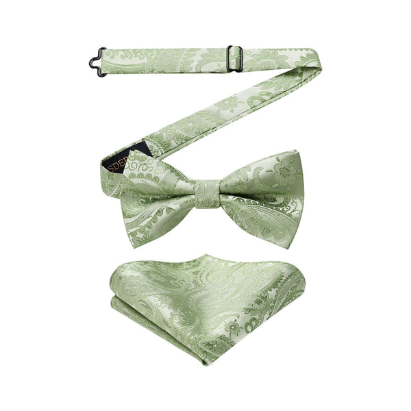 Paisley Pre-Tied Bow Tie & Pocket Square - SAGE GREEN-11