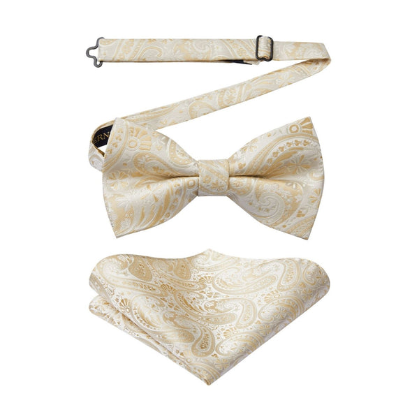 Paisley Pre-Tied Bow Tie & Pocket Square - CHAMPAGNE