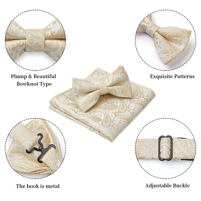 Paisley Pre-Tied Bow Tie & Pocket Square - CHAMPAGNE