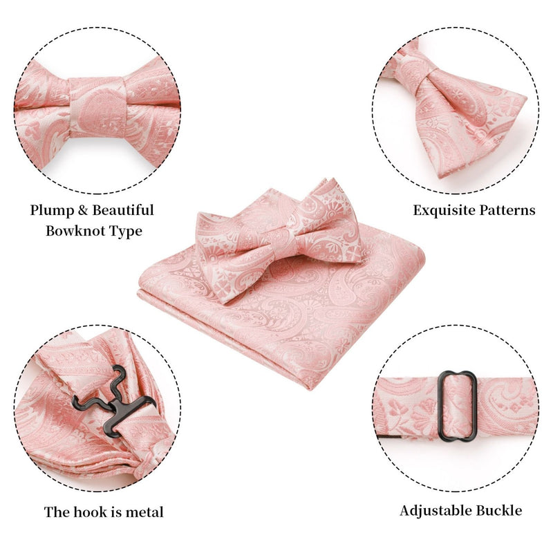 Paisley Pre-Tied Bow Tie & Pocket Square - BABY PINK