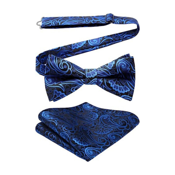 Paisley Pre-Tied Bow Tie & Pocket Square - A-BLUE 1
