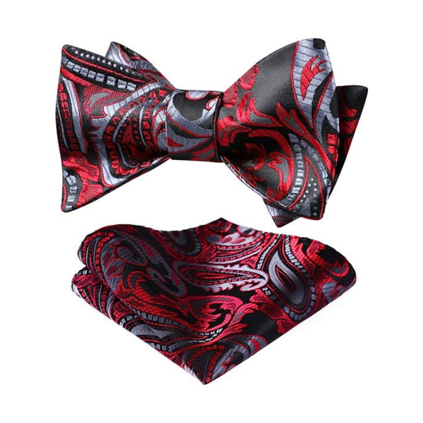 Floral Bow Tie & Pocket Square - RED/GREY/BLACK