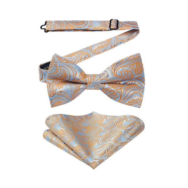 Paisley Pre-Tied Bow Tie & Pocket Square - ORANGE/BLUE