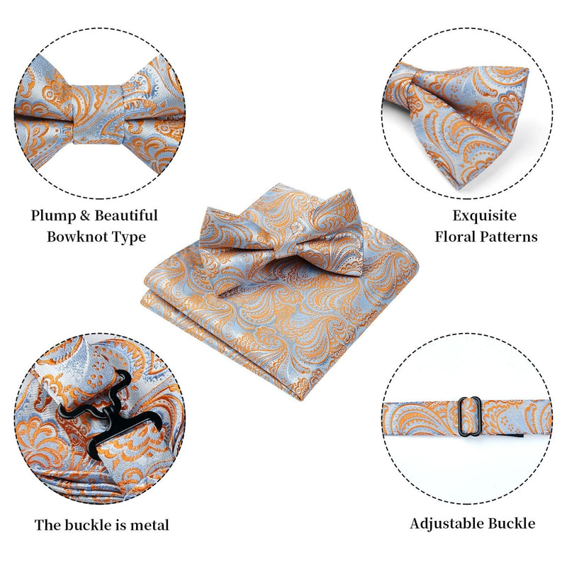 Paisley Pre-Tied Bow Tie & Pocket Square - ORANGE/BLUE