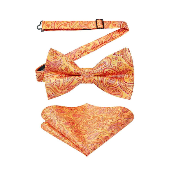 Paisley Pre-Tied Bow Tie & Pocket Square - ORANGE