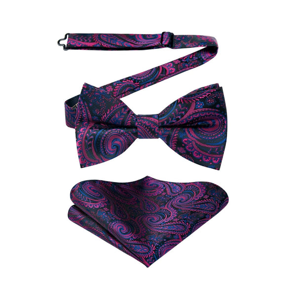 Paisley Pre-Tied Bow Tie & Pocket Square - BLACK PURPLE